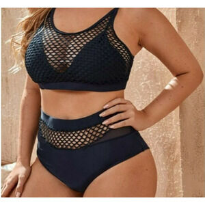 Womens Fishnet Two Piece Swimsuit Plus Size 1XL Black High Waisted
